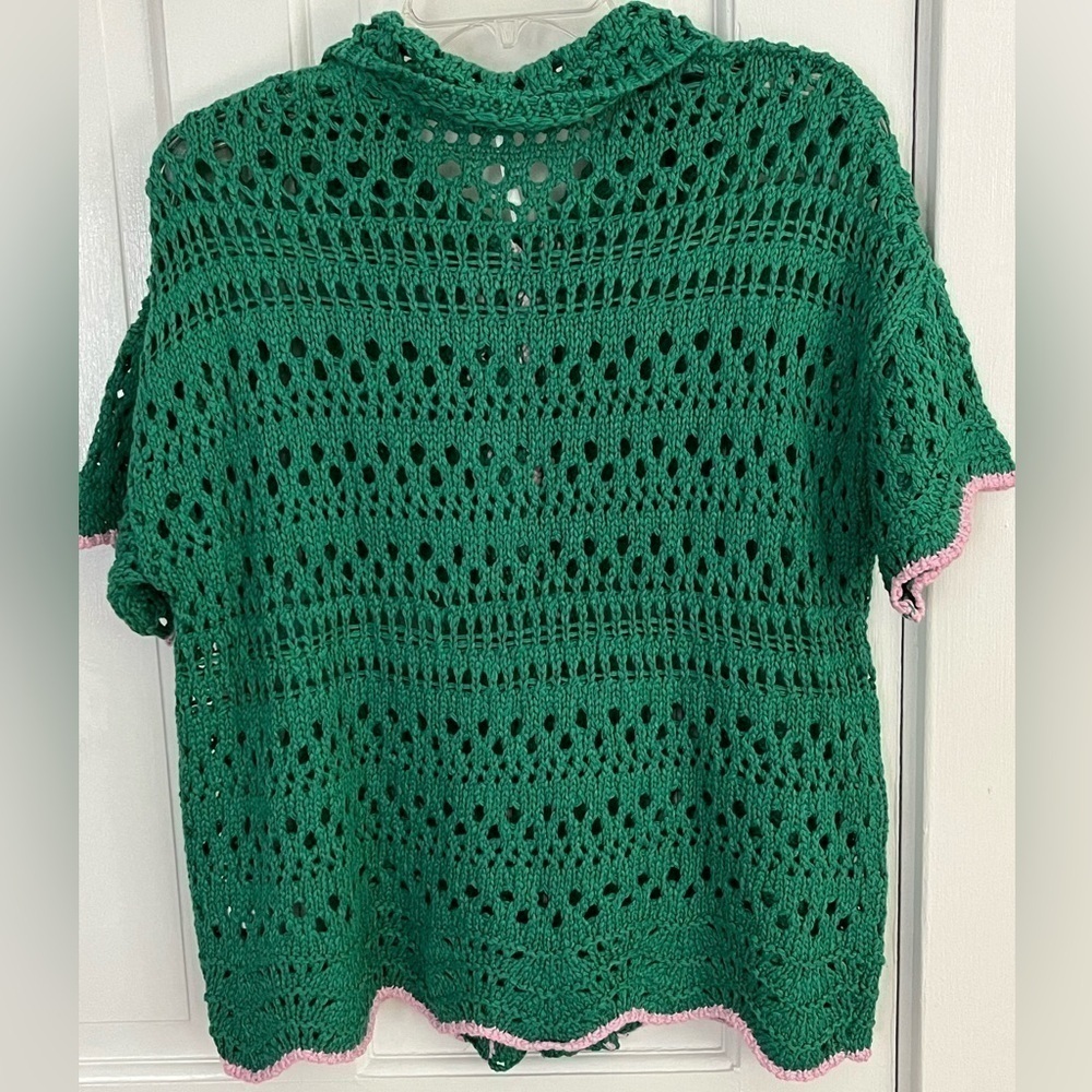 FREE PEOPLE Santa Cruz Club Shirt Golf Green Pink Combo Crochet Grannycore XS - Picture 9 of 16